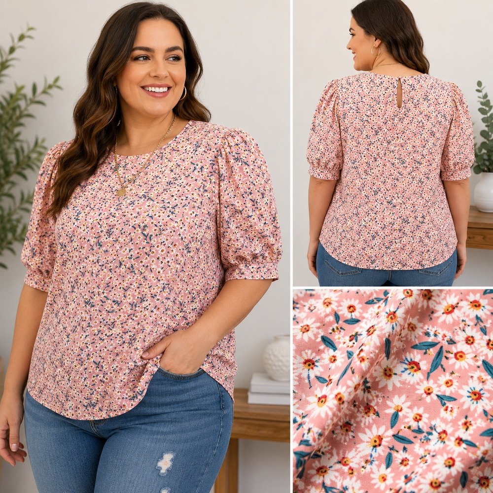 Emery Rose Pink Ditsy Floral Puff Sleeve Blouse 4X Boho Cottagecore Daisy Top